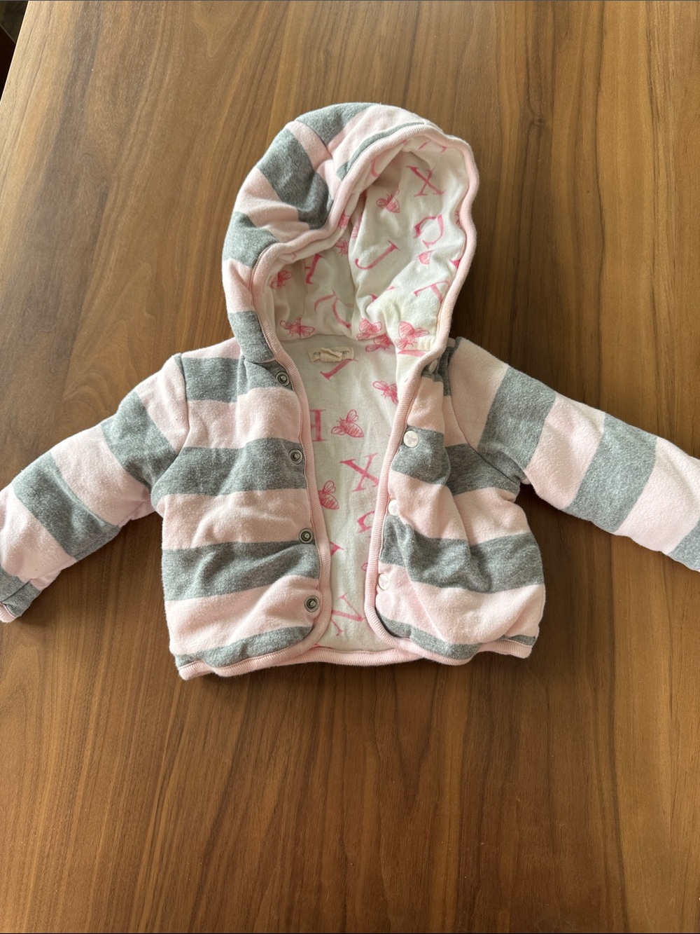 Burt's Bees Baby Reversible Pink and Gray Striped Hooded Fleece Jacket